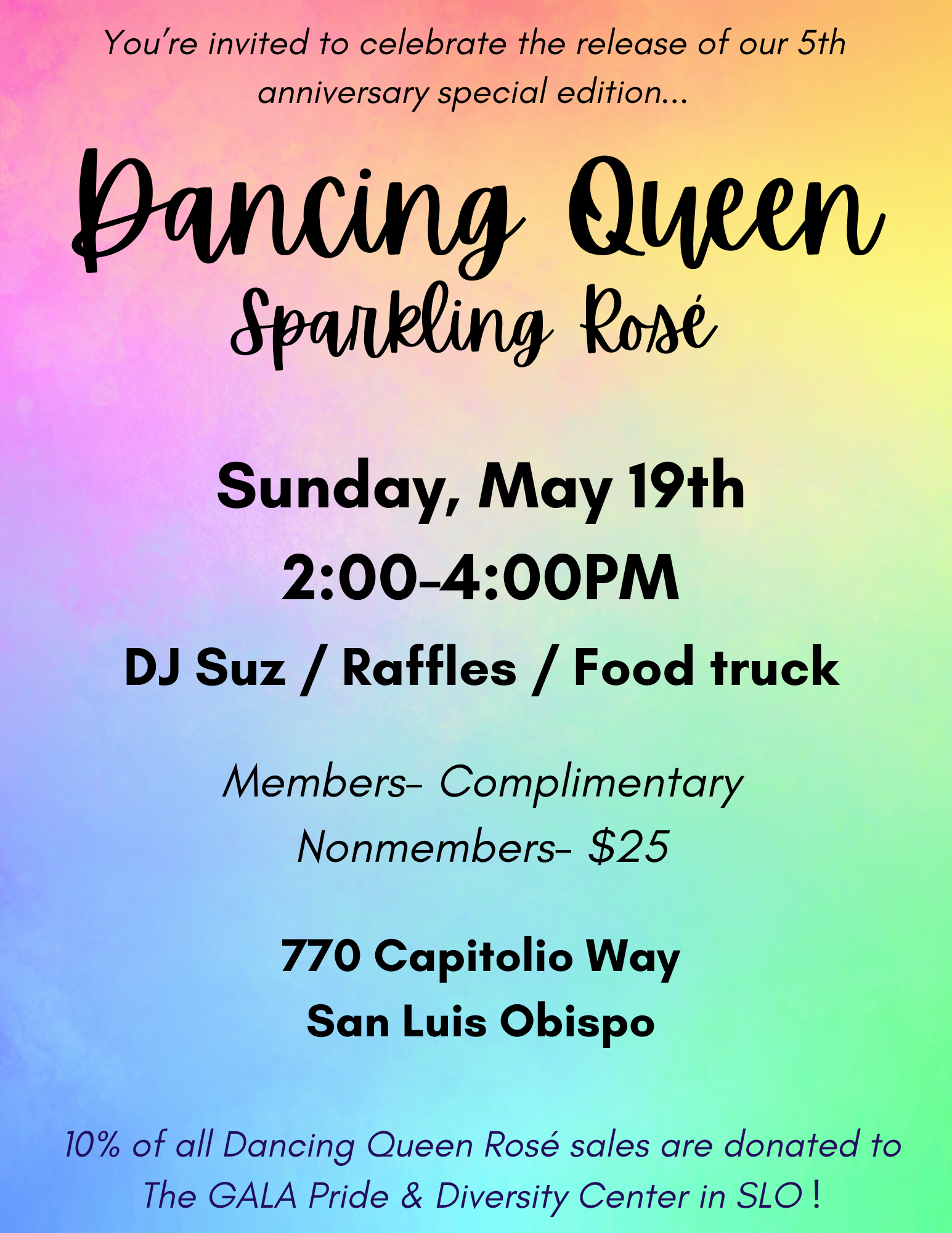 Dancing Queen Rosé Release Party Flyer Sunday May 19th 1-4 PM